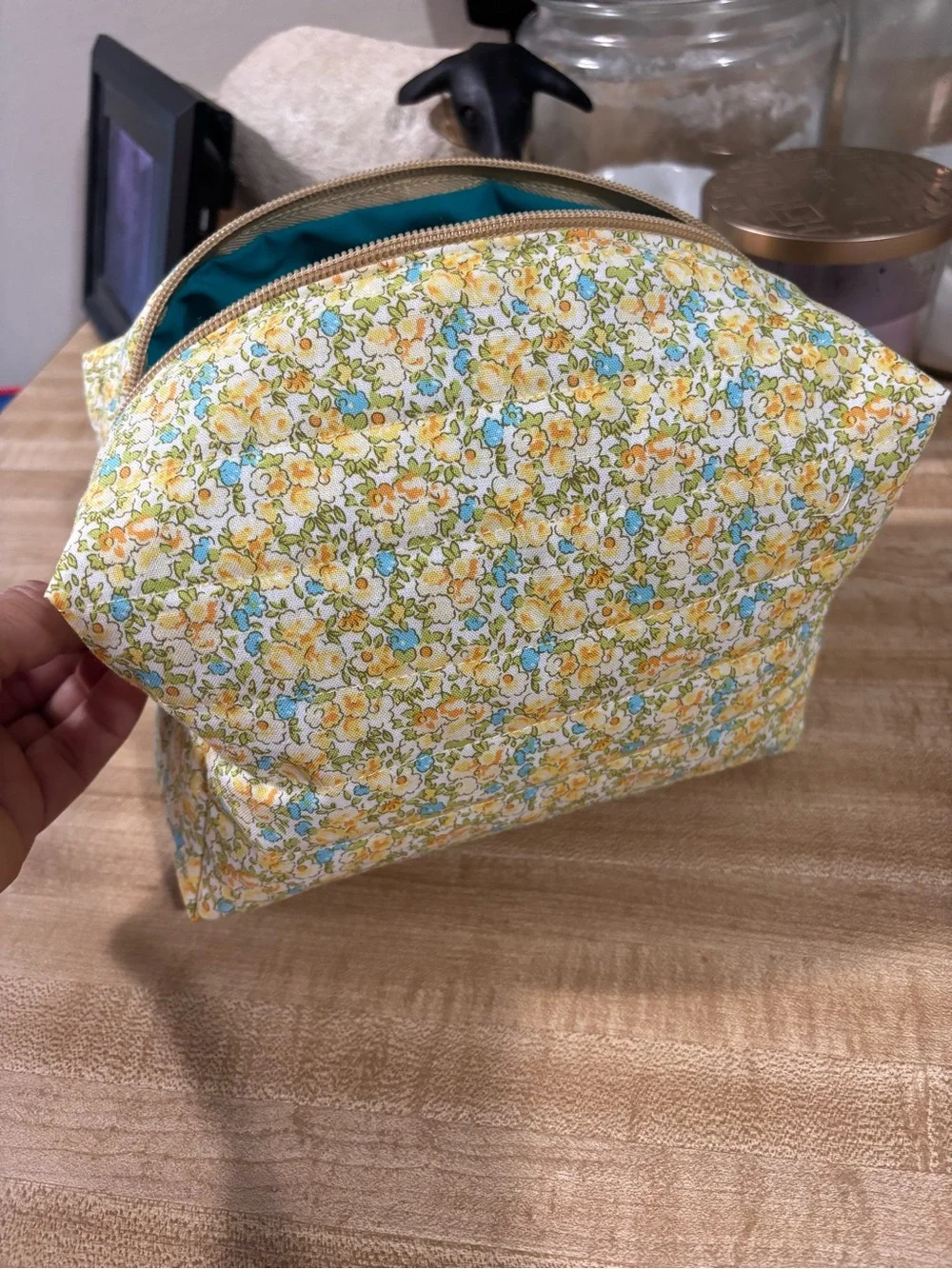 Floral Quilted Yellow Cosmetic Pouch, handmade